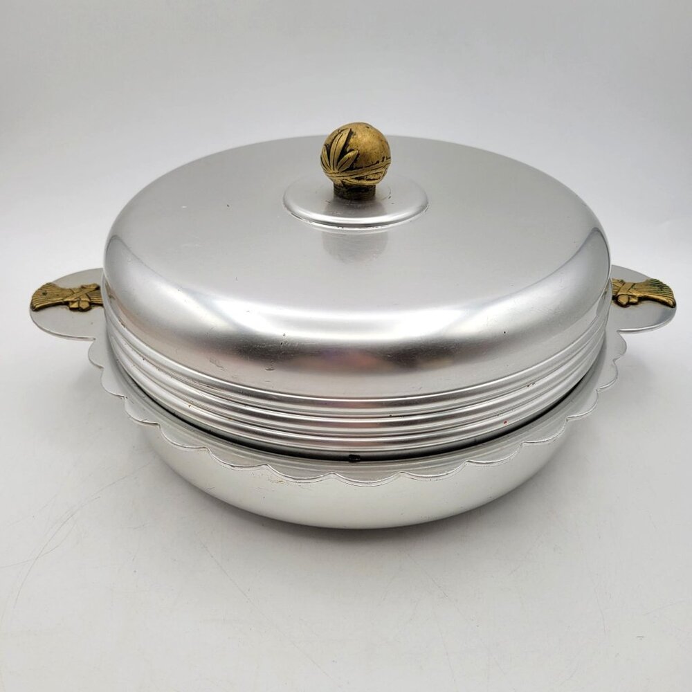 Kensington Ware Covered Serving Casserole Dish Aluminum w/ Brass Wheat Handles